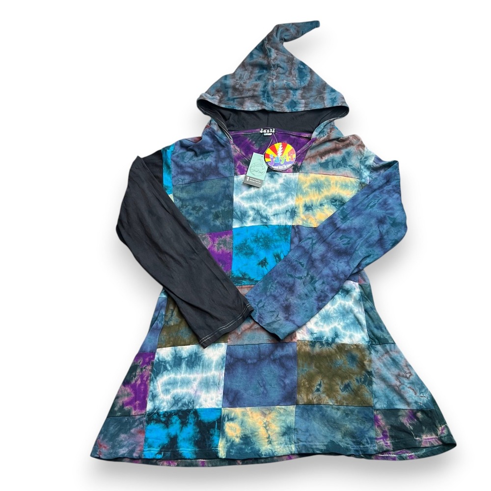 NWT Jayli Patchwork Tie Dye Pixie Hood Tunic Women Large Multi Boho Hippie Fest